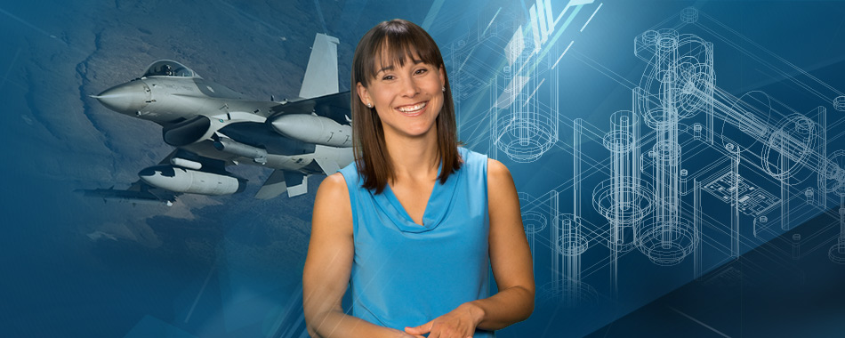 Employee with images of F-16 fighter aircraft and CAD drawings.